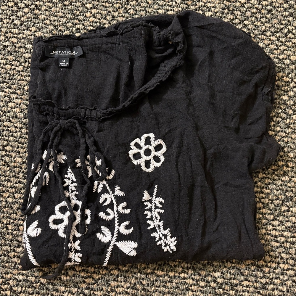 Notations Black and White Embroidered Blouse